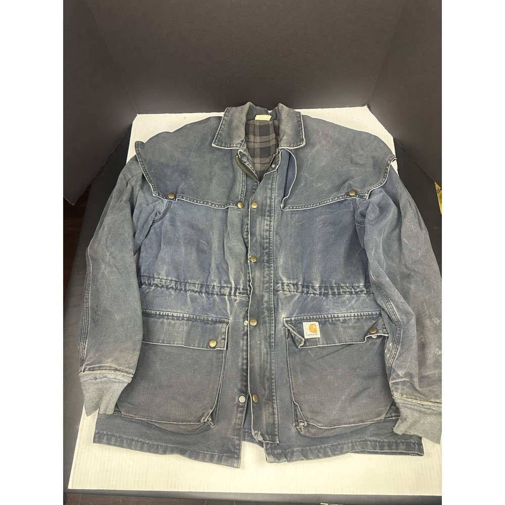 VTG Carhartt Chore Jacket Distress Blue Blanket Lined CW083 Cape Duster 90s USA